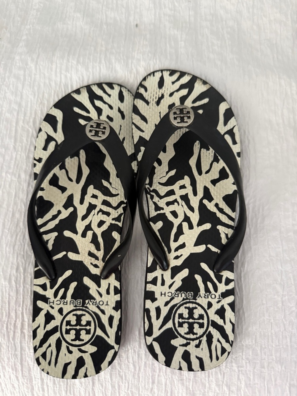Tory Burch Black & white Zebra-Print Flip Flops with Logo Medallions
